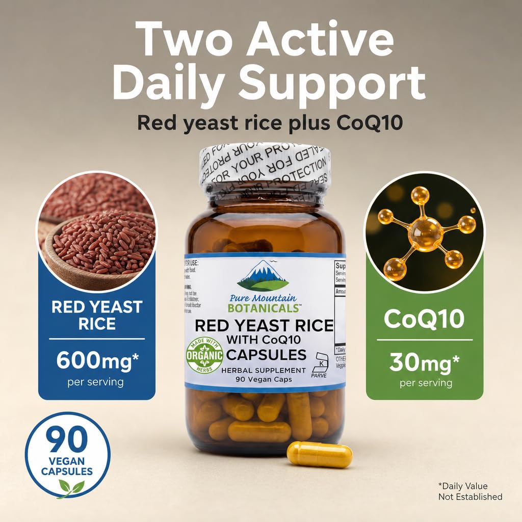 Pure Mountain Botanicals Red Yeast Rice with CoQ10, 600mg per Capsule + 30mg CoQ10, Vegan Capsules, 90 Count