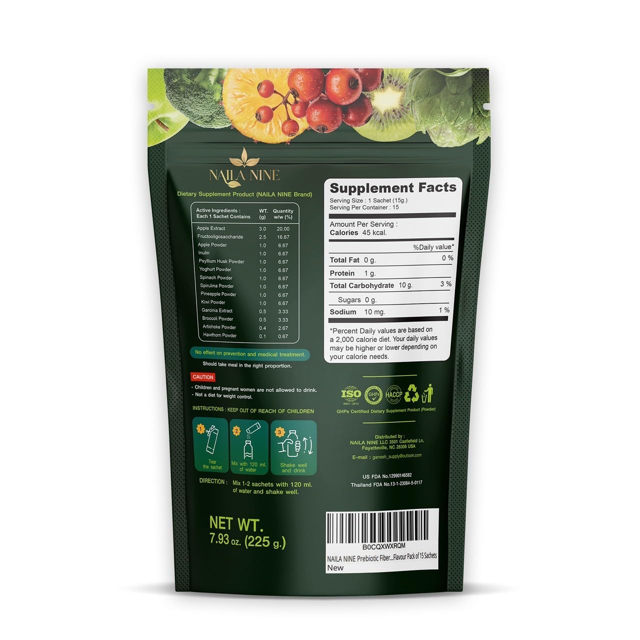 NAILA NINE Prebiotic Fiber Supplement Powder Apple and Kiwi Flavour, 15 Sachets