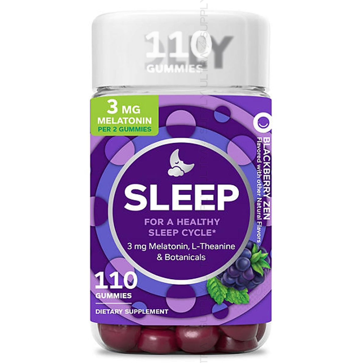 Generic Melatonin Sleep Gummies with L-Theanine & Chamomile – Blk Berry Flavor, Non-Habit Forming, Gluten Free, 110 Gummies
