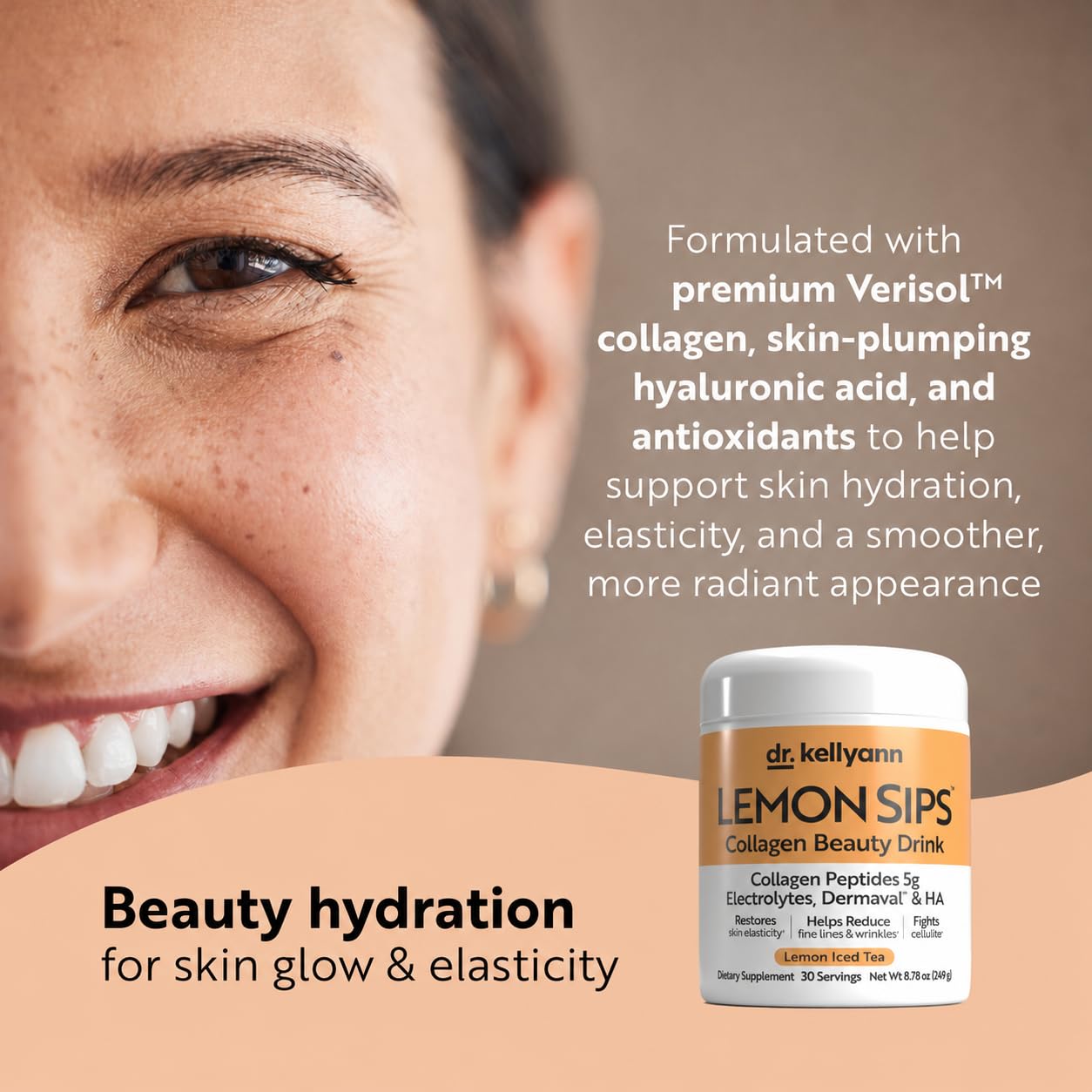 Dr. Kellyann Lemon Sips with Verisol Collagen Peptides, Dermaval & Hyaluronic Acid, Sugar-Free Hydrating Electrolyte Powder, Lemon Iced Tea Flavor, 8.78 Ounce