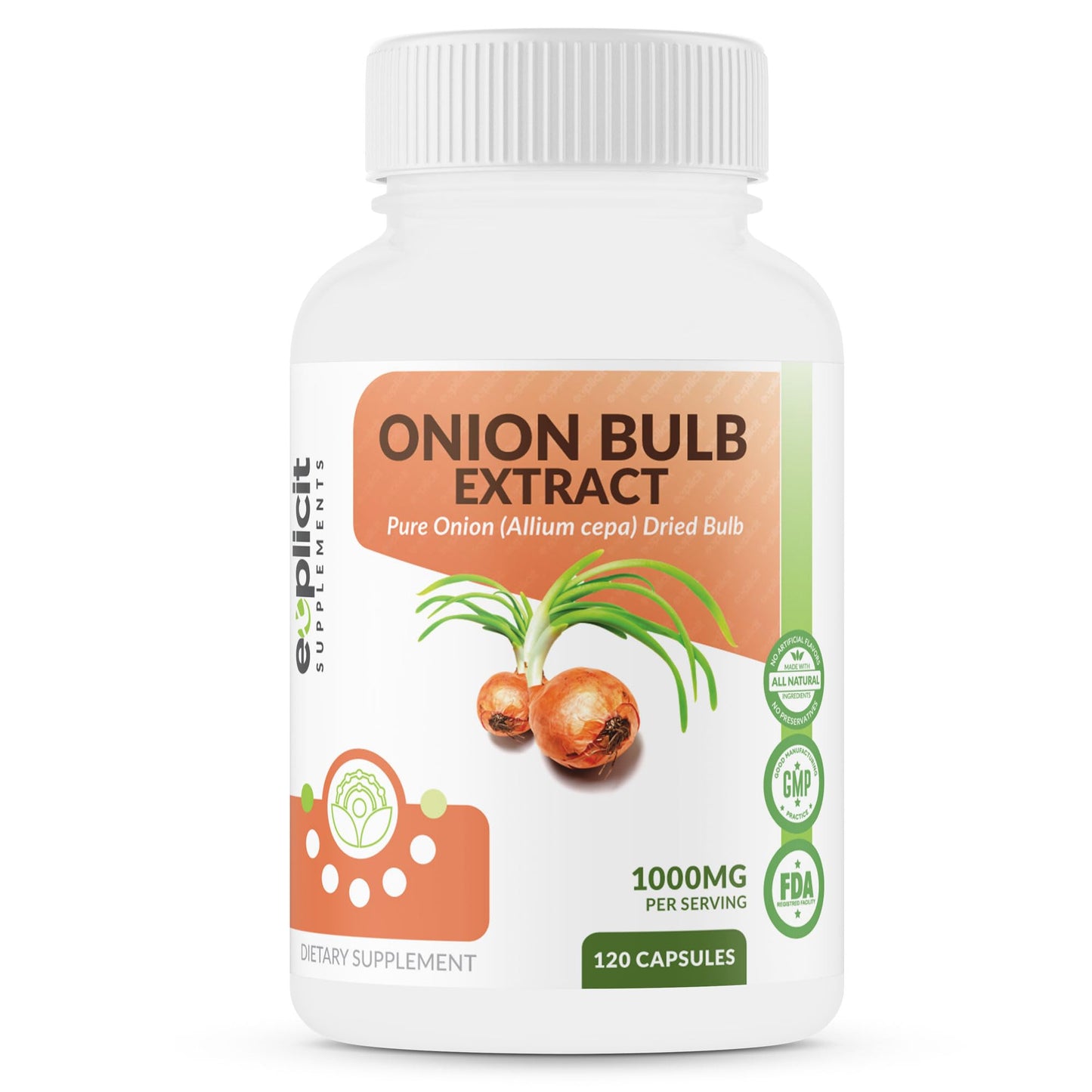 eXplicit Supplements All Natural Onion Extract 1000mg - Dried Onion Bulb (Allium Cepa) Herbal Supplement Capsules, 120 Count