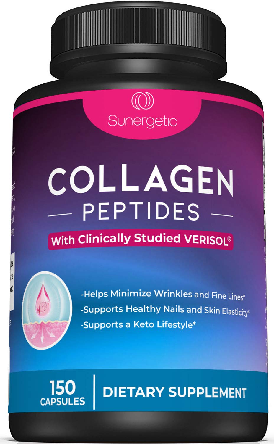Sunergetic Premium Collagen Peptides Capsules 2500 mg VERISOL Type 1 & Type 3, Multi-Collagen Supplement for Joint Health, Hair, Skin & Nails, 150 Capsules