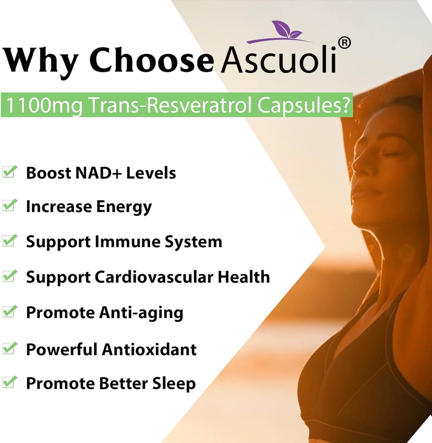 Ascuoli Trans-Resveratrol 1100mg, 3-in-1 Advanced Formula Organic Resveratrol Supplement, 60 Capsules