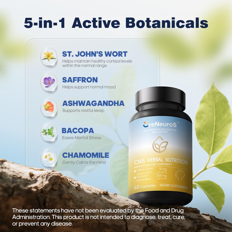 CreNeuroS CNS Herbal Nutrition 5-in-1 Botanical Calm Supplement with St. John's Wort, Saffron, Ashwagandha & Bacopa, 60 Capsules
