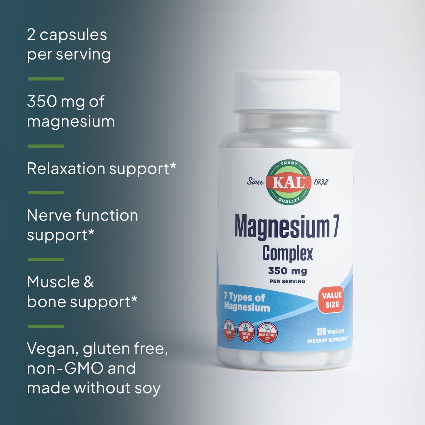KAL Magnesium Complex 7 - Total Complex with Magnesium Glycinate, Citrate, Malate and More Capsules, 120 Count