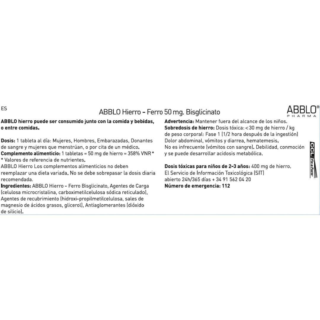 ABBLO PHARMA Iron Bisglycinate 50mg Tablet, 100 Count
