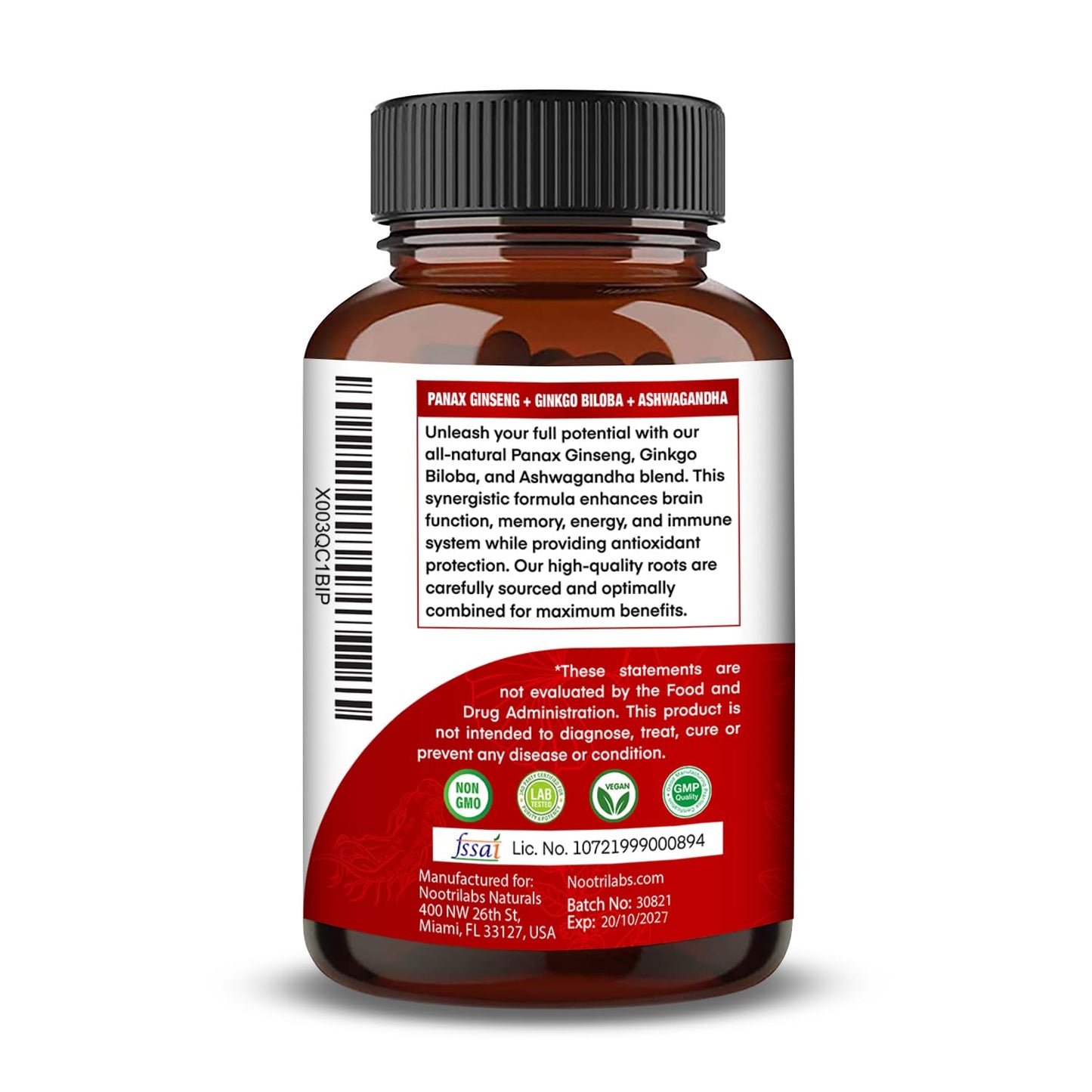 Nootrilabs Naturals Korean Red Panax Ginseng High Potency with Ginkgo Biloba and Ashwagandha, 90 Capsules