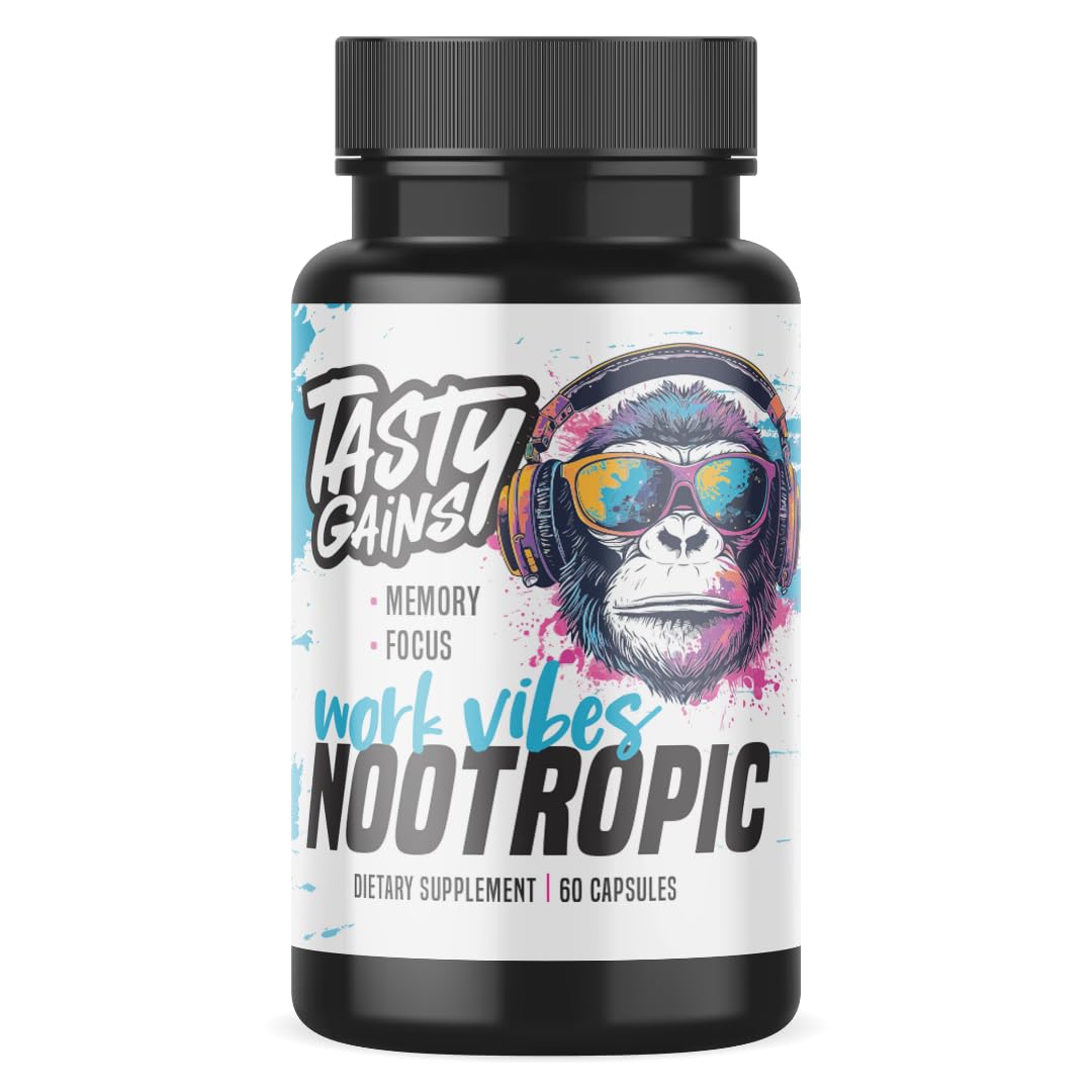 TASTY GAINS Nootropic Brain Supplement for Memory and Focus with L-Theanine, Rhodiola Rosea & Phosphatidylserine - Memory, Mental Clarity & Cognitive Improvement, 60 Capsules