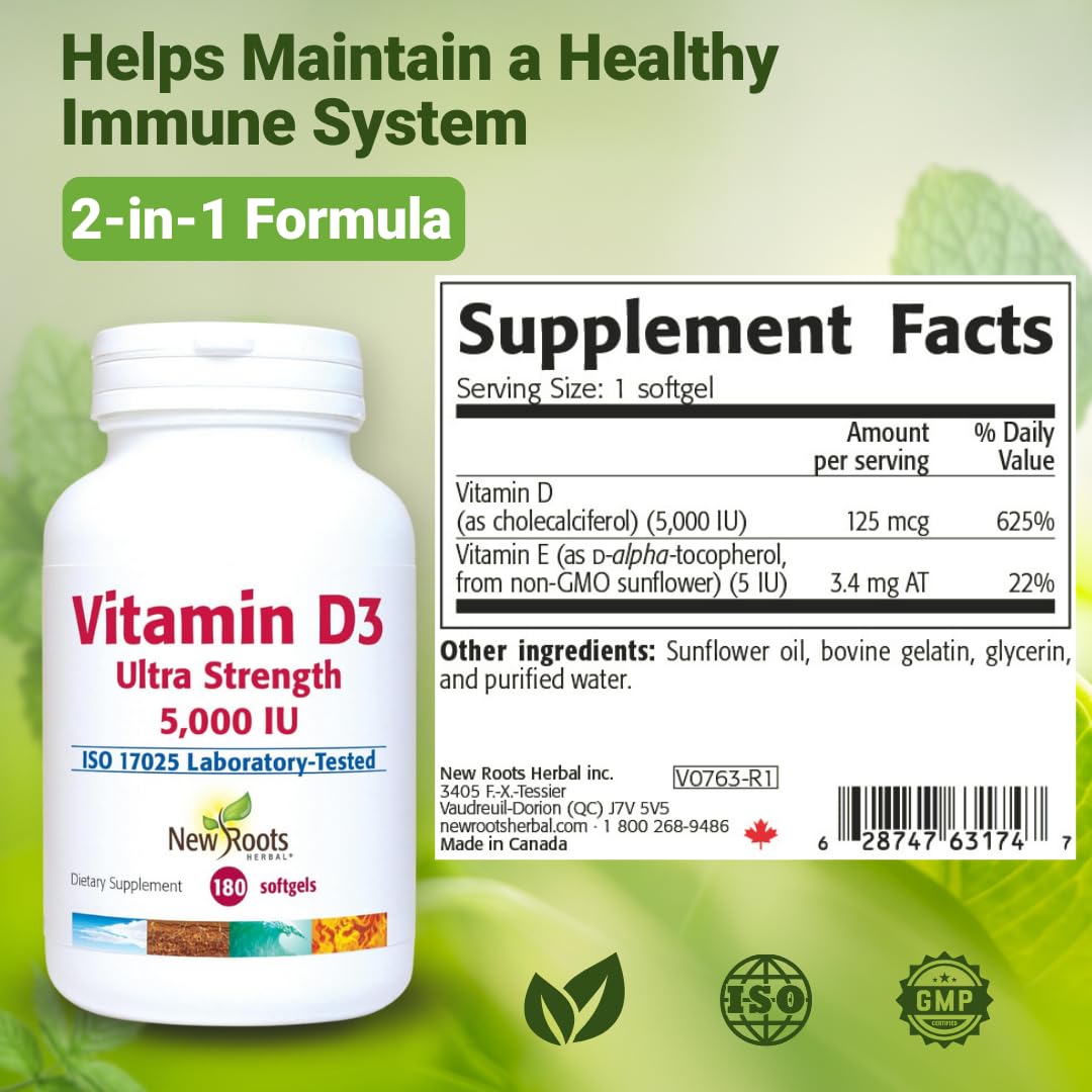 NEW ROOTS HERBAL Vitamin D3 Softgels 5000 IU with Vitamin E, 180 count