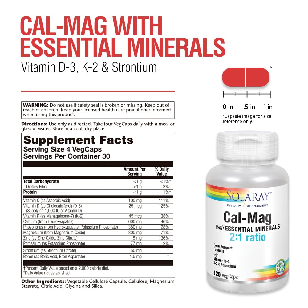 Solaray Cal-Mag with Essential Minerals Calcium, Magnesium, Strontium, Vitamins D-3 & K-2 Capsules, 120 VegCaps