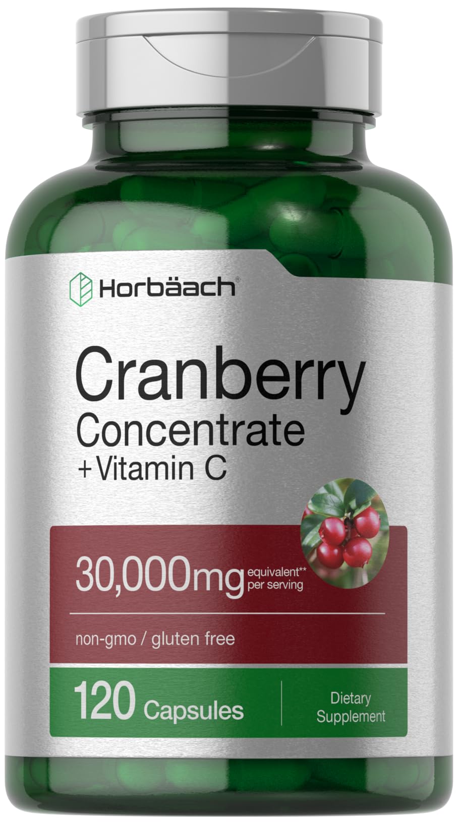 Horbäach Cranberry Concentrate Extract with Vitamin C Capsules, 120 Count