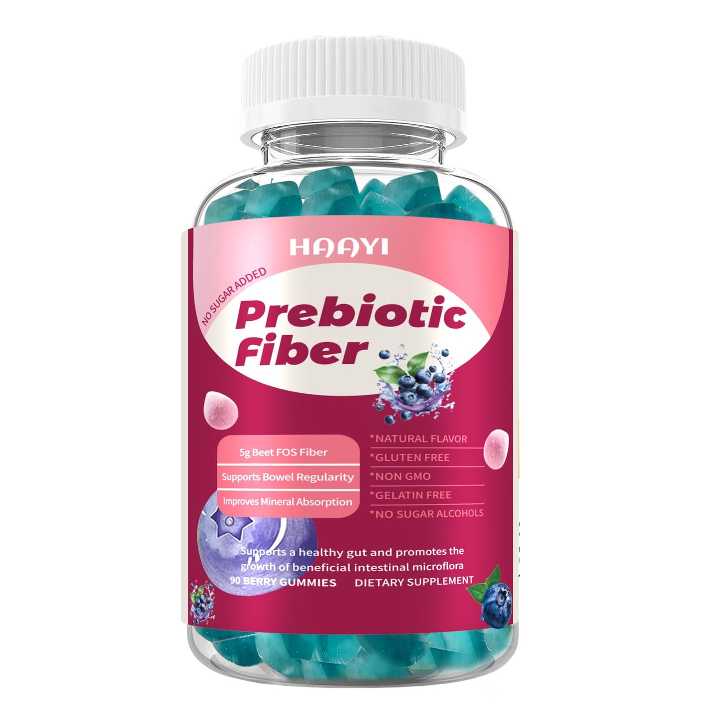 HAAYI Prebiotic Fiber Supplement Gummies for Adults & Kids, 5g Beet FOS Fiber - Gut Health and Digestive Support, Mineral Absorption, Soluble Fiber, Zero Sugar Added, Vegan, Gluten-Free - 60 Gummies