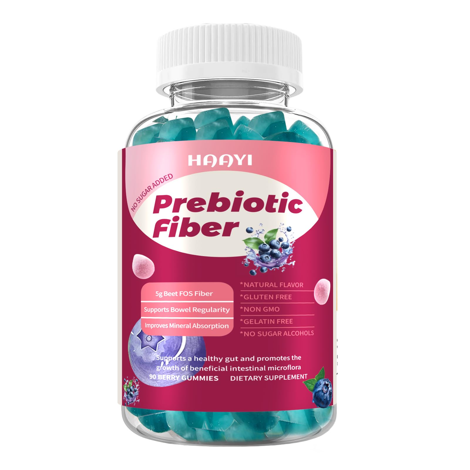 HAAYI Prebiotic Fiber Supplement Gummies for Adults & Kids, 5g Beet FOS Fiber - Gut Health and Digestive Support, Mineral Absorption, Soluble Fiber, Zero Sugar Added, Vegan, Gluten-Free - 60 Gummies