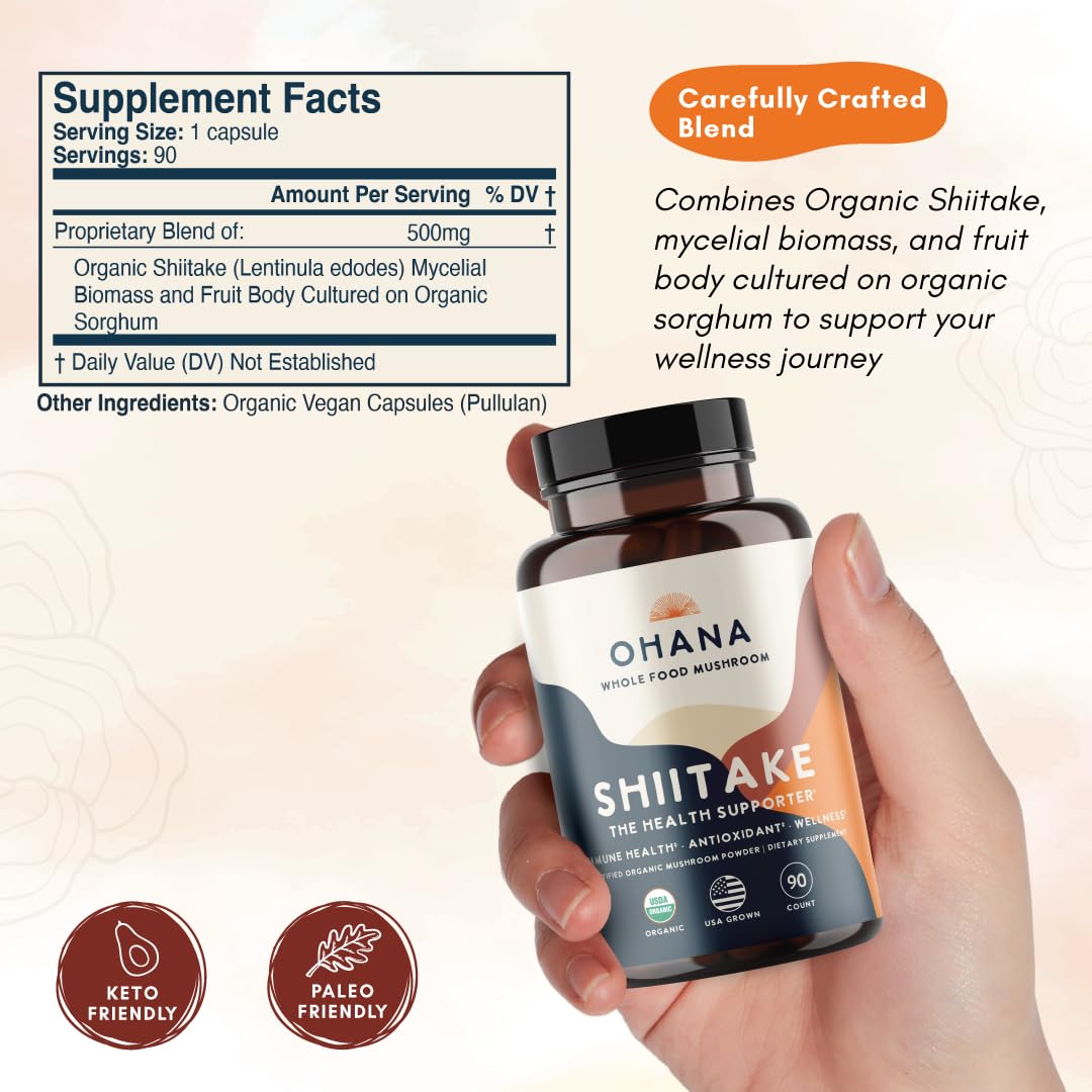 Ohana Mushrooms Shiitake Organic Mushrooms Blend Whole Food Mushroom Supplement, Capsule, 90 Capsules, USDA Organic, Non-GMO, Gluten-Free