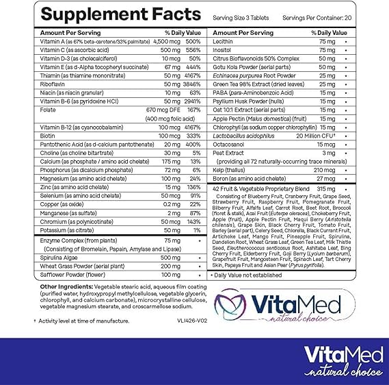 VitaMed Vita Forte Vegan Multivitamin with Probiotics, Digestive Enzymes & 42 Fruits & Vegetables – Halal Certified, Non-GMO, Gluten-Free, Daily Energy & Immune Support – 180 Tablets