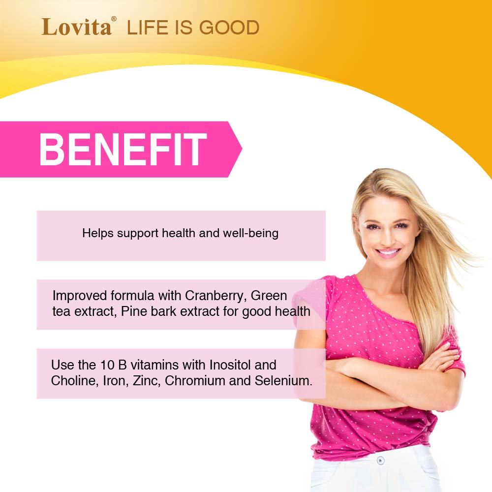 LOVITA B Complex Supplement for Women High Potency Timed Release with Iron, Vitamin C, Cranberry, Pine Bark, Green Tea, 30 Tablets