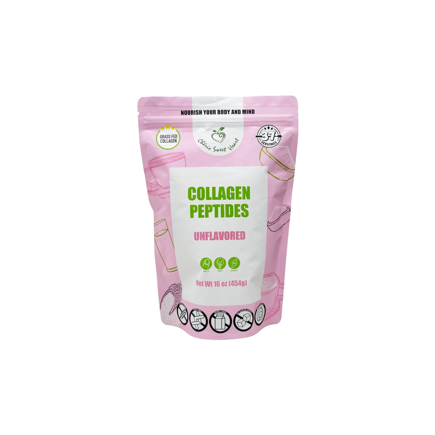 Chérie Sweet Heart Collagen Peptide Powder, 16 oz, Pure Hydrolyzed, Unflavored, Grass Fed, Non-GMO, Gluten Free, Keto & Paleo Friendly