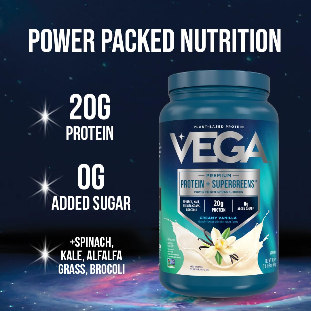 Vega Premium Protein + Supergreens Protein Powder, Chocolate, 1.79 lb, Pack of 12