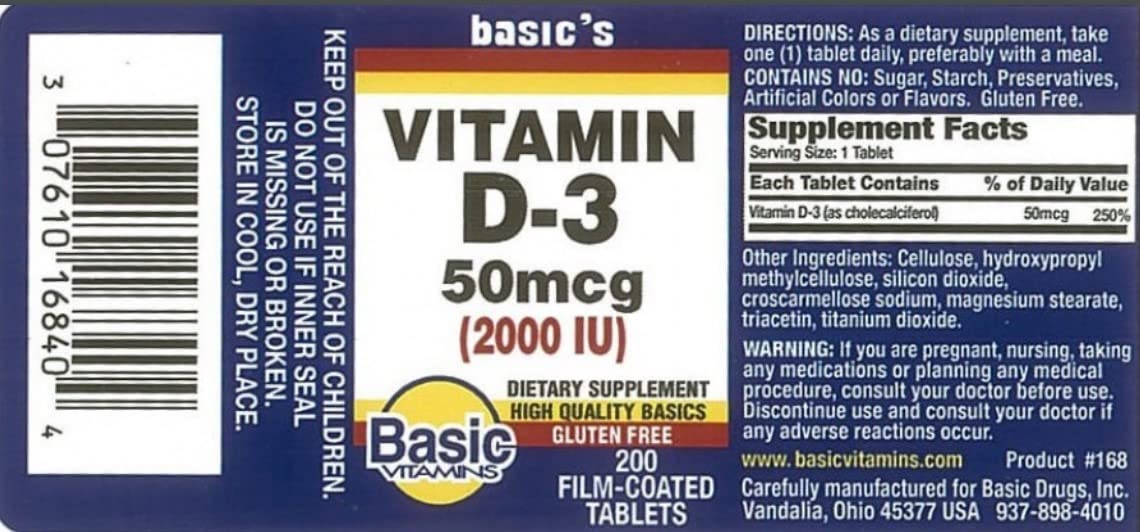Basic Drugs Natural Vitamin D-3 2000 IU Tablet, 200 Count