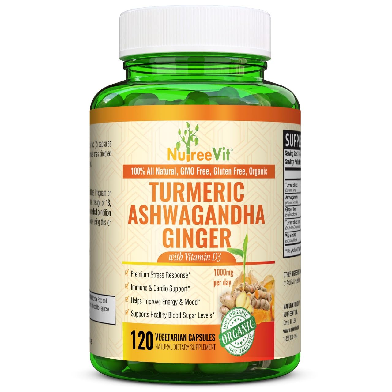 NutreeVit Organic Turmeric with Ashwagandha & Ginger with Vitamin D3 Capsules, 60 Count
