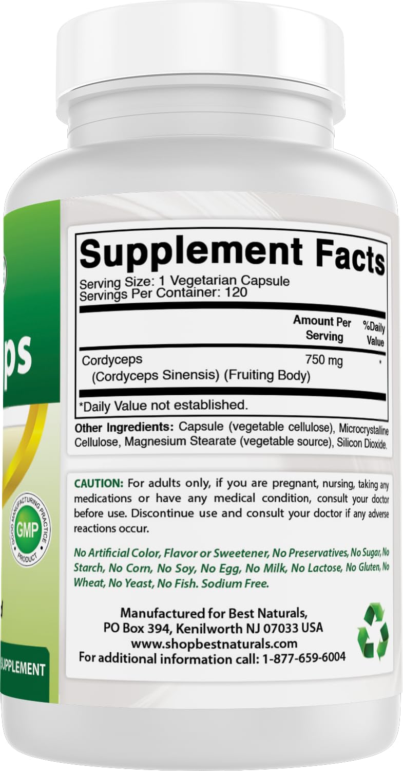 Best Naturals Cordyceps Sinensis Mycelium Mushroom Powder 750 mg Capsules 120 Count