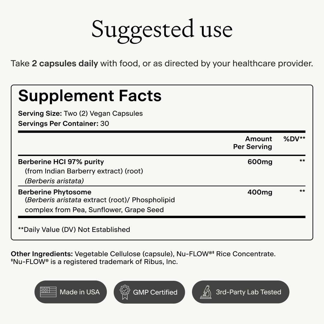 OMRE Berberine Dual-Action Formula with Phytosome 1000mg Total Berberine Capsule, 60 Count