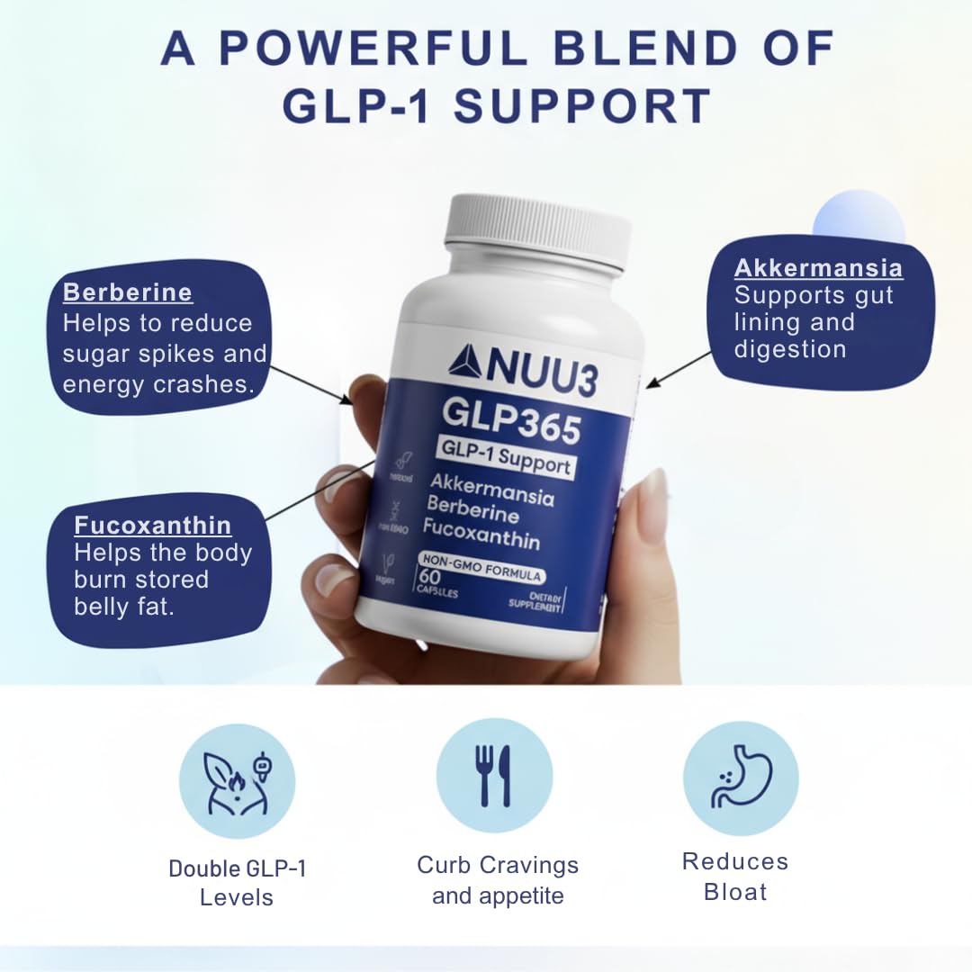 NUU3 GLP365 Natural GLP-1 Support Supplement with Berberine, Fucoxanthin, Akkermansia for Appetite, Blood Health & Cravings Control – Non-GMO, Keto Friendly, 60 Capsules