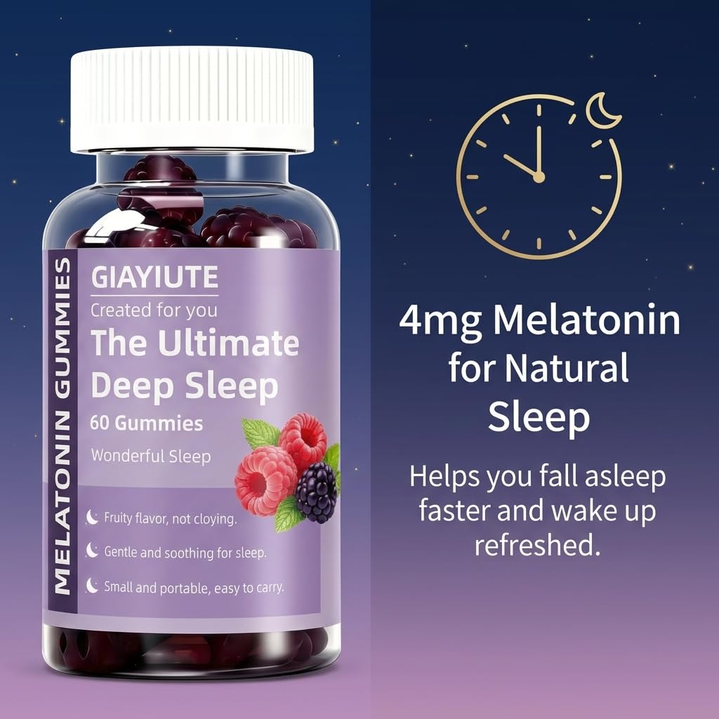 Giayiute Melatonin 4mg Gummies with L-Theanine, GABA, Lemon Balm & Magnesium – Deep Sleep Support, Vegan Gluten Free Chewable Sleep Gummy for Adults, Jet Lag Relief, 120 Gummies