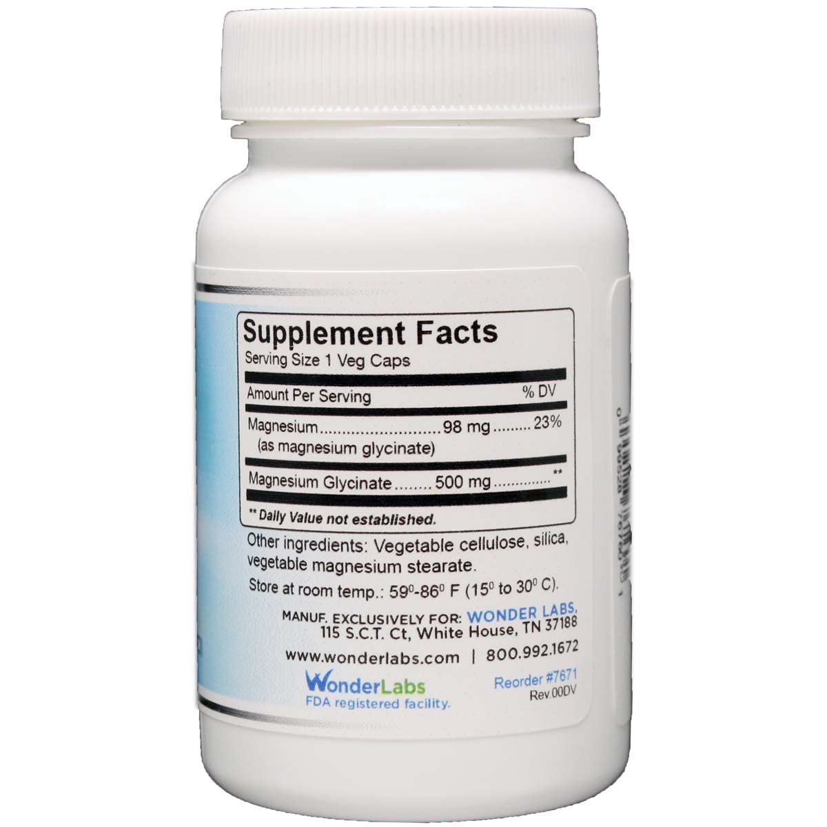 Wonder Laboratories Magnesium Glycinate 500mg Capsules 120 Count