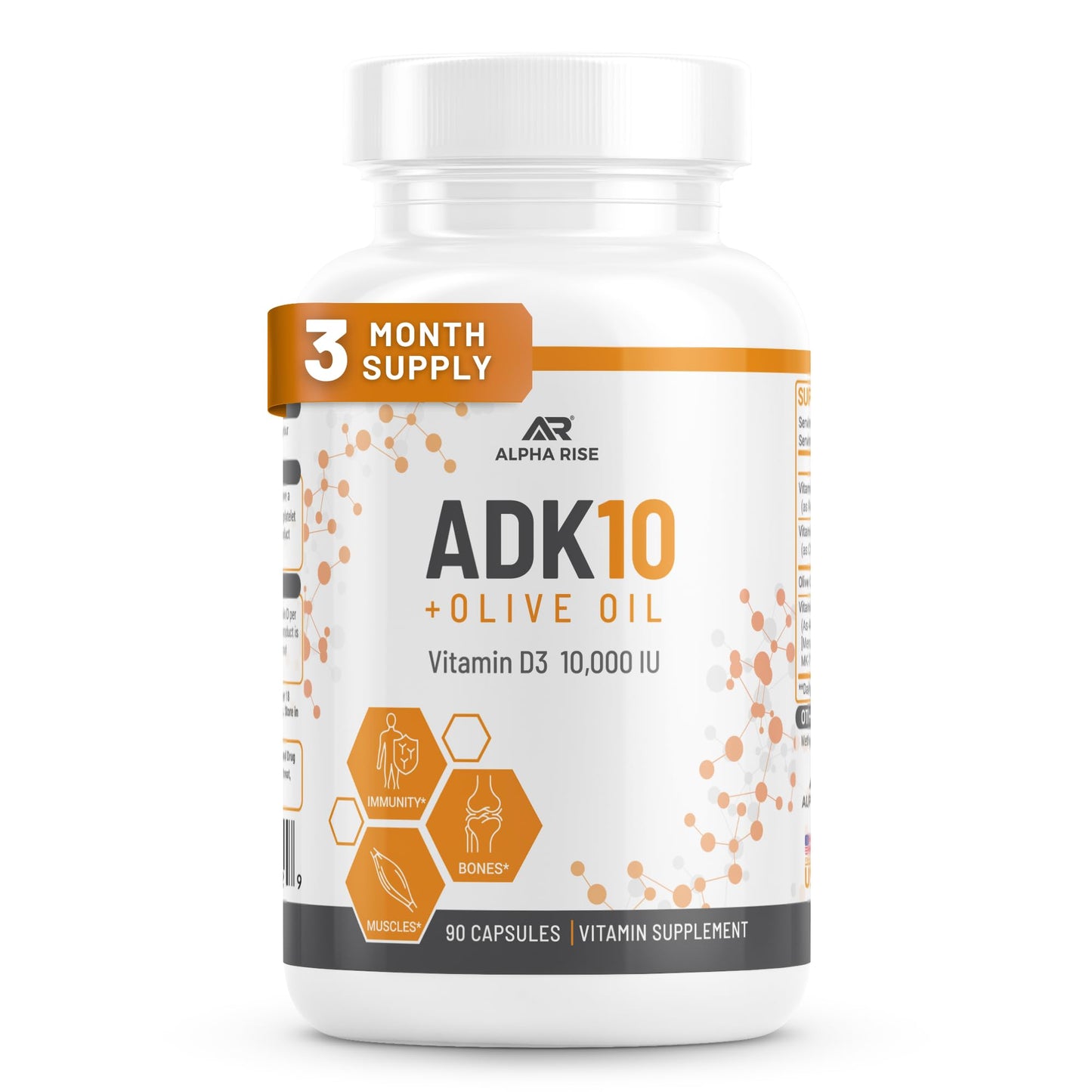 ALPHA RISE ADK 10 Vitamin Supplement + Olive Oil for Better Absorption Capsules 90 Count
