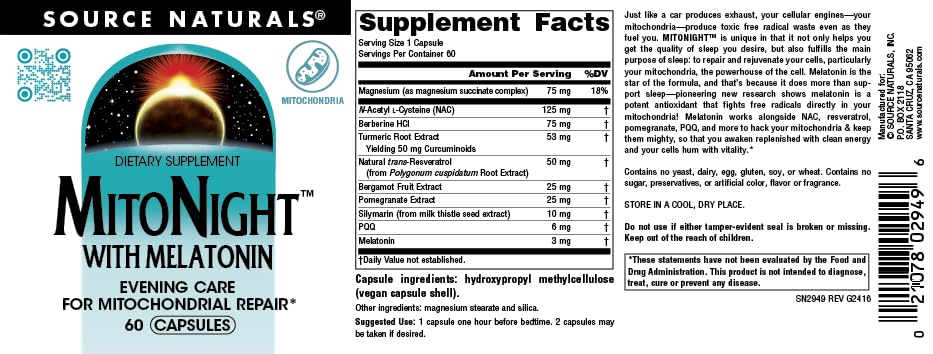 Source Naturals MitoNight with Melatonin Mitochondrial Repair Capsules 60 Count