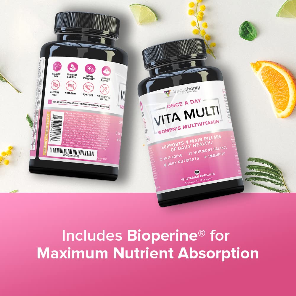 Vitauthority Multivitamin for Women Women's Daily Multi-Vitamin Supplement with DIM, Iodine, Ashwagandha Supports Youthful Complexion, Healthy Cortisol and Estrogen Balance Capsule, 90 Count