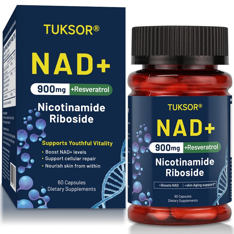 TUKSOR NAD+ Supplement Nicotinamide Riboside Liposomal Resveratrol for Cellular Repair, Energy Support, Vitality and Focus, 60 Capsules