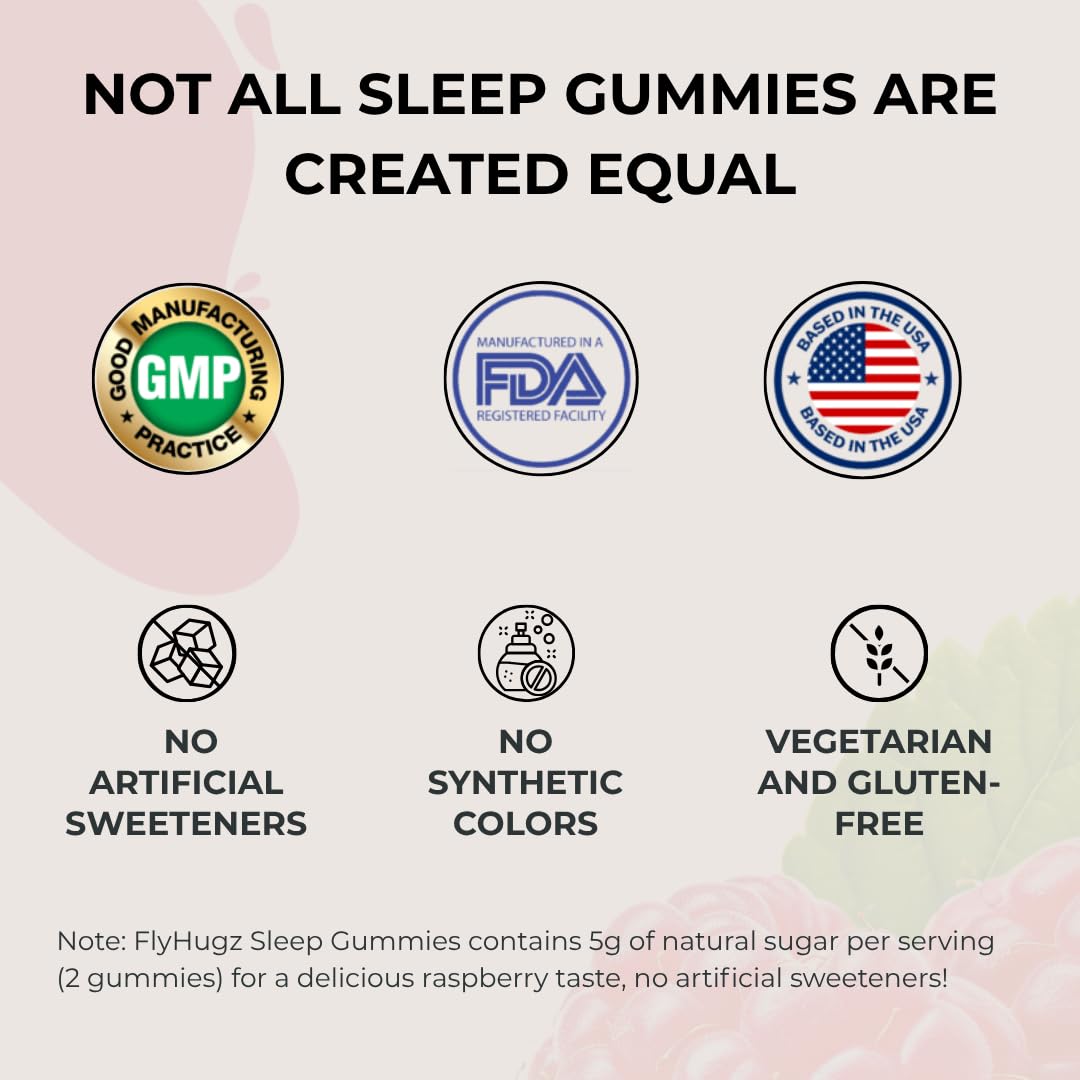 FlyHugz Travel Sleep Support Gummies with Melatonin, L-Theanine & Magnesium, 60 Vegan Gummies