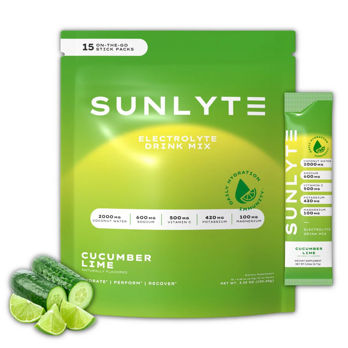 SUNLYTE Coconut Water Powder Hydration Electrolytes – Cucumber Lime 15-Pack