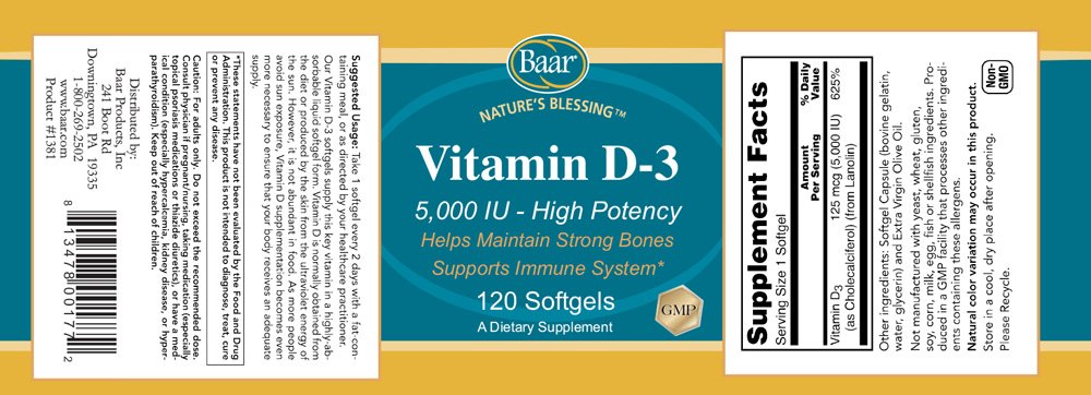 Baar Vitamin D-3 Softgels, 5000 IU, 120 Softgels