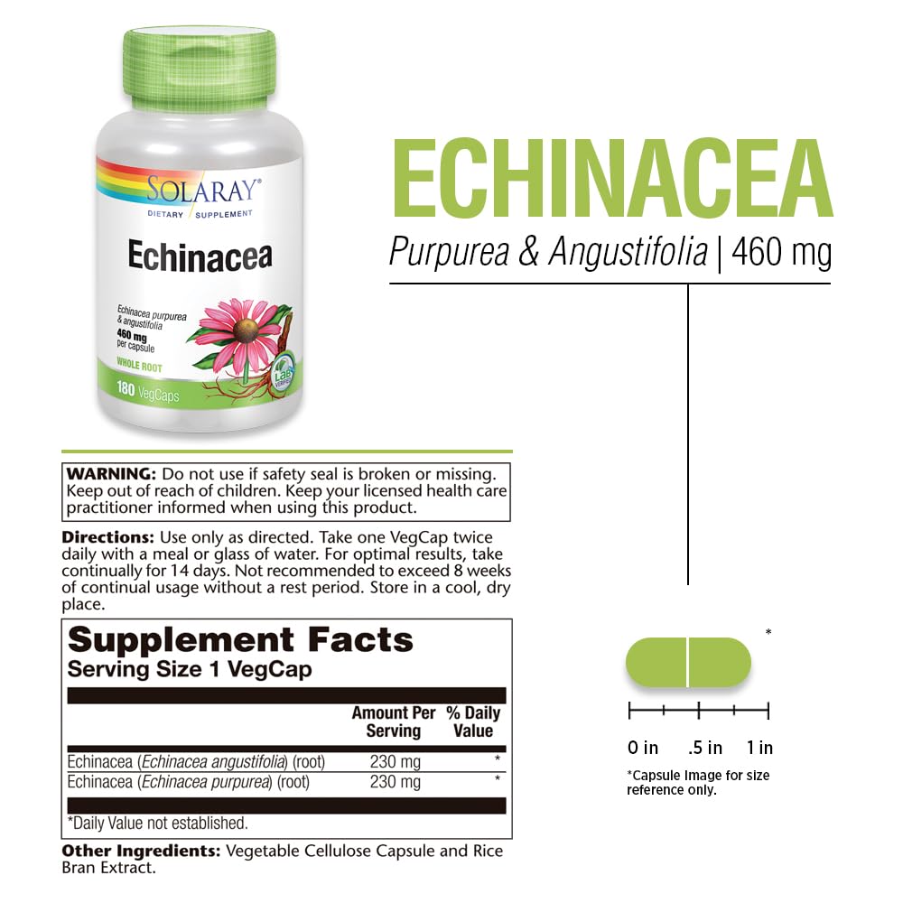 Solaray Echinacea Purpurea & Angustifolia Root 460 mg Capsules, 180 Count