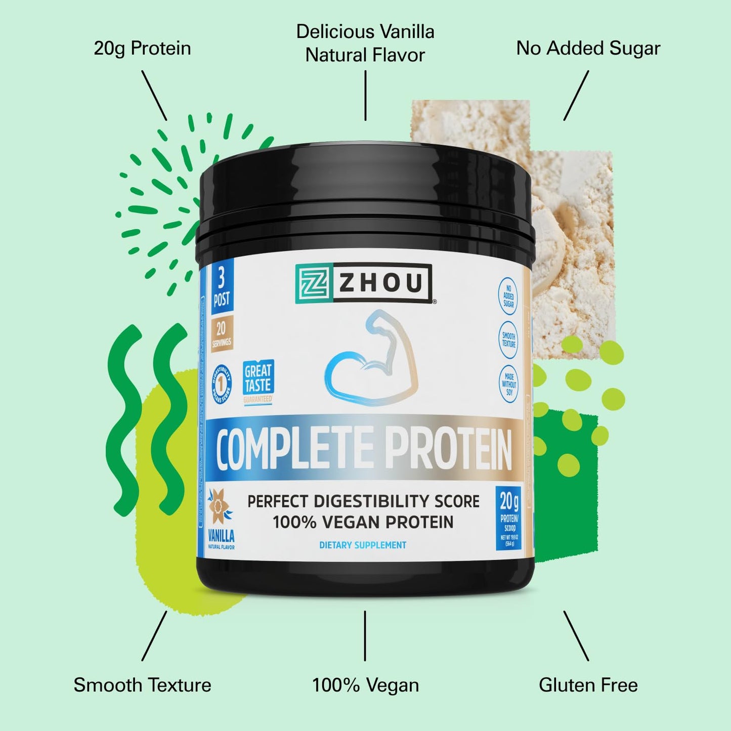 Zhou Complete Protein - Advanced Vegan Protein Powder, 20 Servings, 19.9 oz