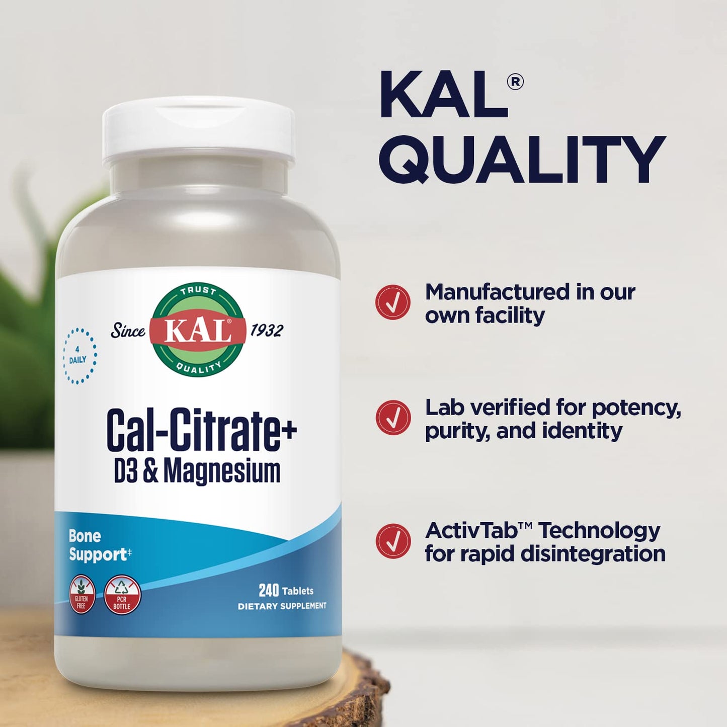 KAL Cal-Citrate+ Calcium Citrate Plus Vitamin D-3 and 500 mg Magnesium Tablets, 240 Count
