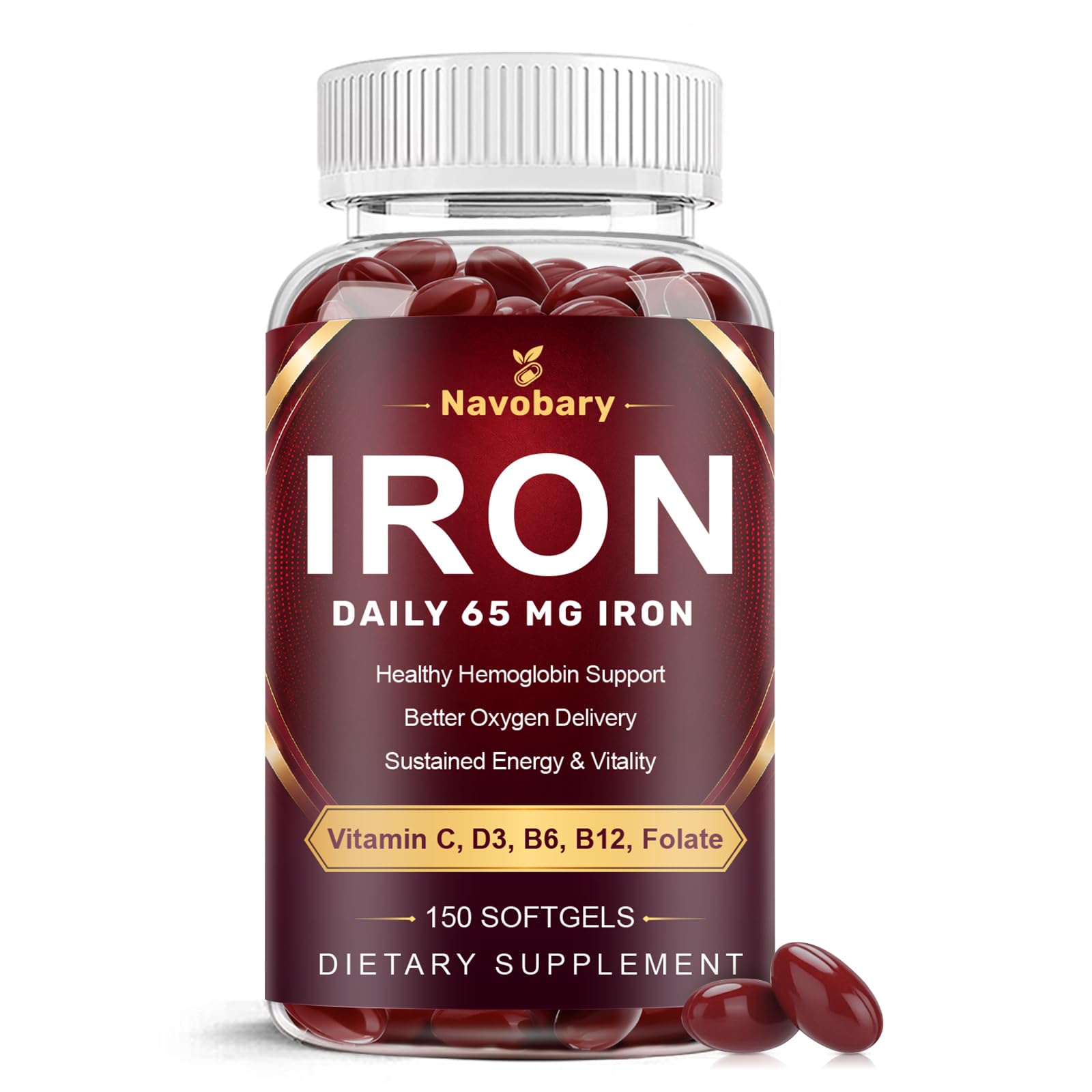 Navobary Iron with Multivitamin 65mg Iron + Vitamin C, D3, E, B6, B12 & Folate for Energy & Red Blood Cell Support Softgels 150
