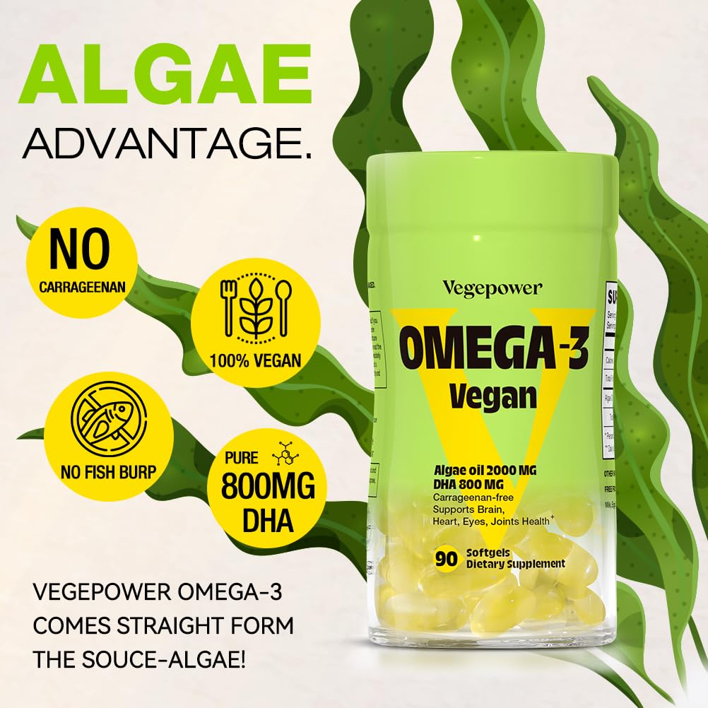VEGEPOWER Vegan Omega-3 DHA Supplements Softgels 90 Count