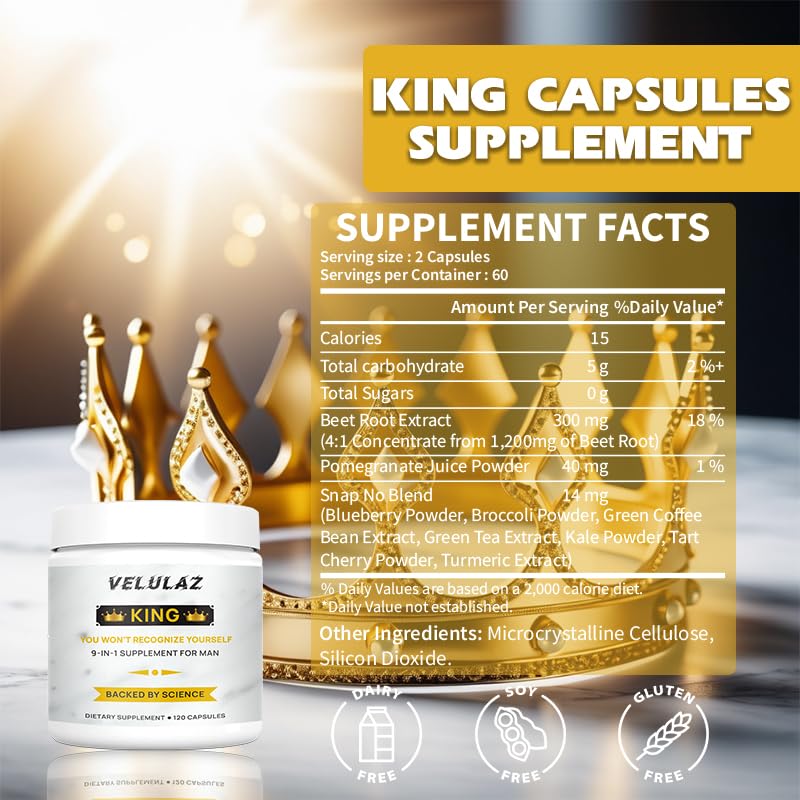 Velulaz King Men's 9-in-1 Daily Supplement Capsule 120 Count