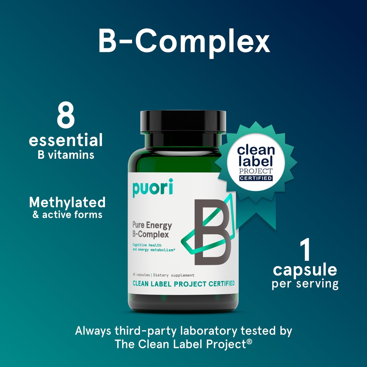 Puori Pure Energy Vitamin B-Complex with 8 Essential Vitamins - Active & Methylated B Vitamins, Capsules, 60 Count