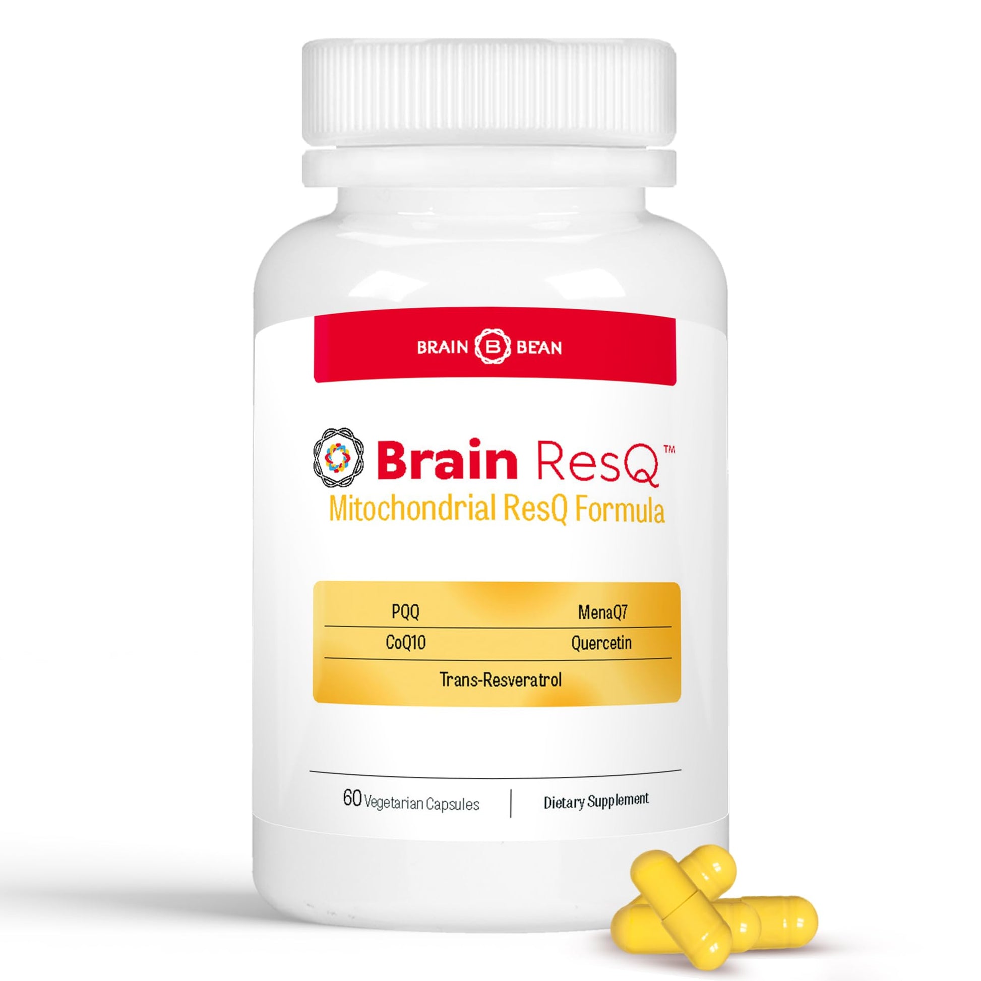 Brain Bean Brain ResQ Advanced Mitochondrial Formula with PQQ, CoQ10, Trans Resveratrol, MenaQ7 & Quercetin Supplement 60 Capsules