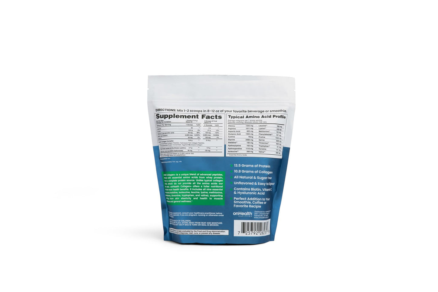 onHealth Nutrition Multi Collagen Peptide Powder (Types I, II, III, V & X) with All 9 Essential Amino Acids, Biotin, Hyaluronic Acid & Vitamin C, Unflavored, 16 oz