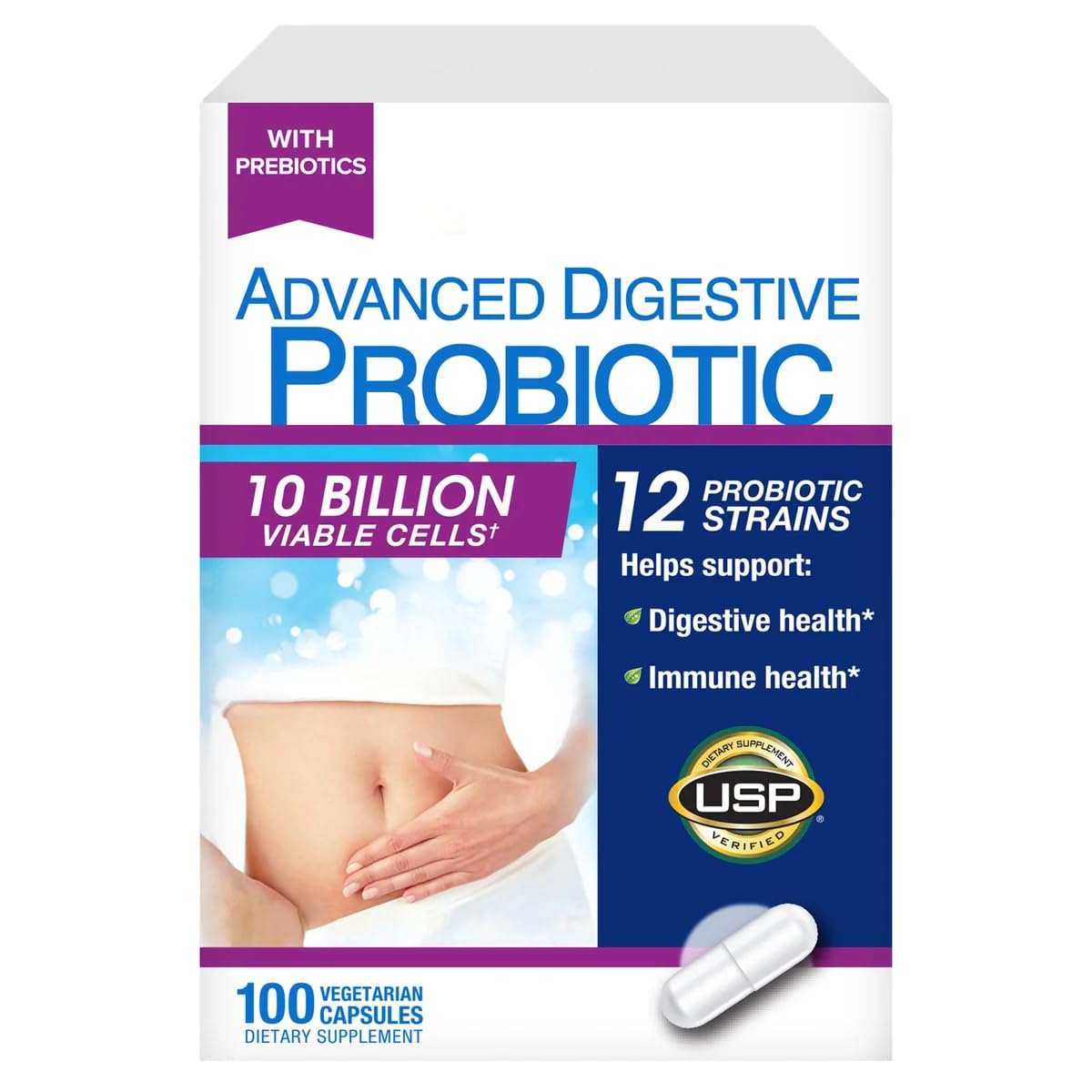 Generic Advanced Digestive Probiotic Capsule, 12 Strains, 10 Billion Viable Cells, Gluten, Soy and Dairy Free - 100 Capsules