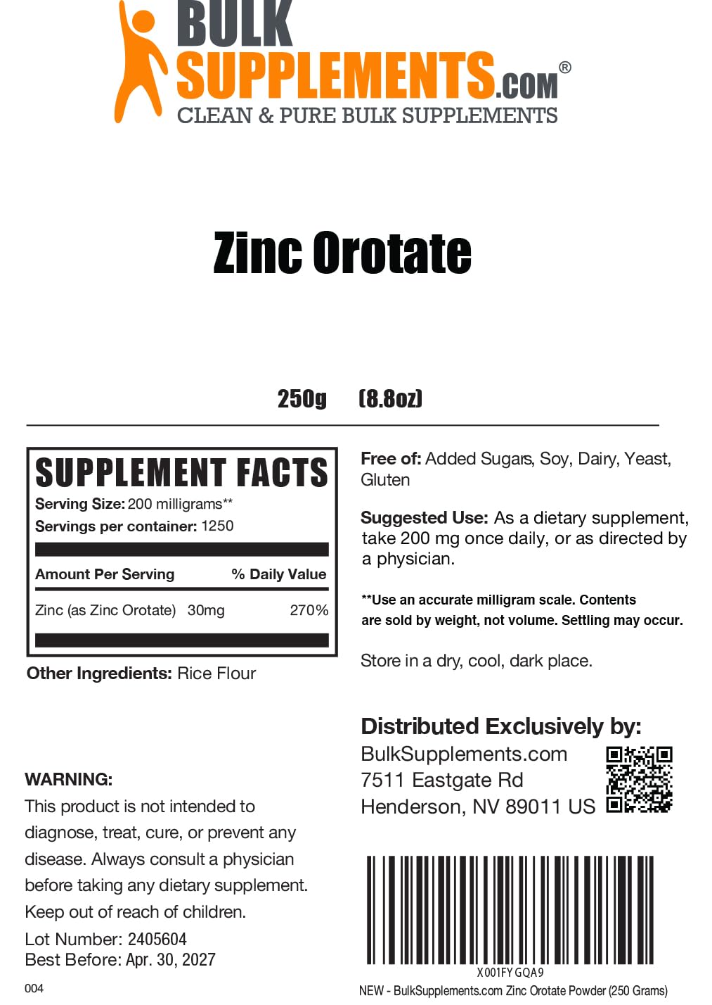 BulkSupplements Zinc Orotate Powder, 17.6 oz