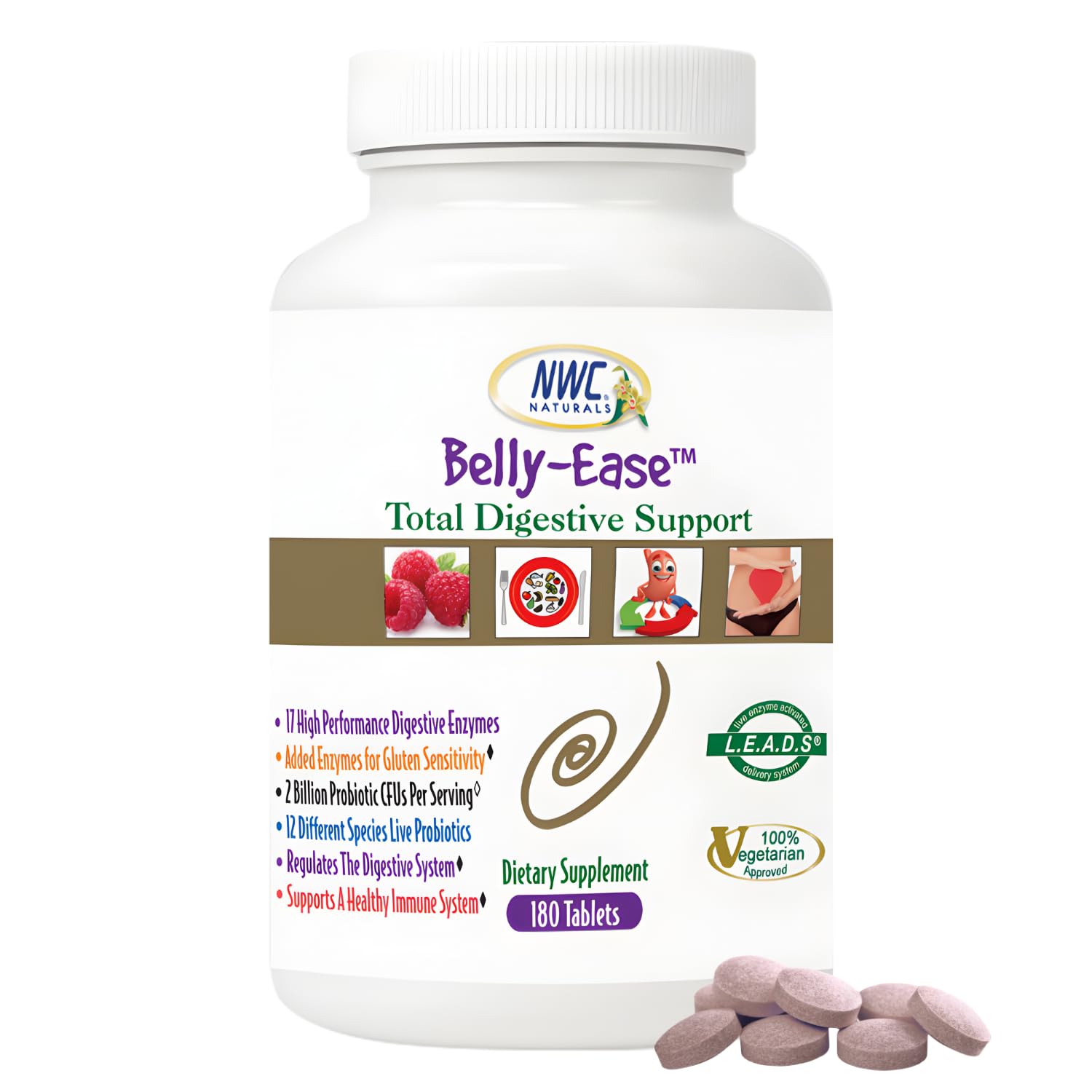 NWC Naturals Belly-Ease Healthy Digestive Enzymes Plus Prebiotics & Probiotics, Essential Enzymes, Vegetarian, Full Spectrum Digestive Solution, 180 Tablets