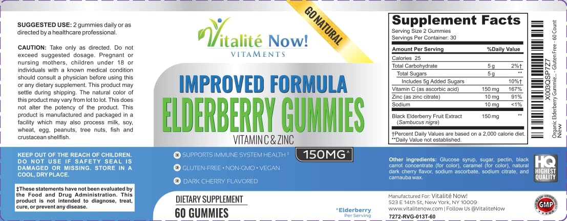 Vitalité Now! Improved Formula Organic Elderberry Gummies, 60 Count