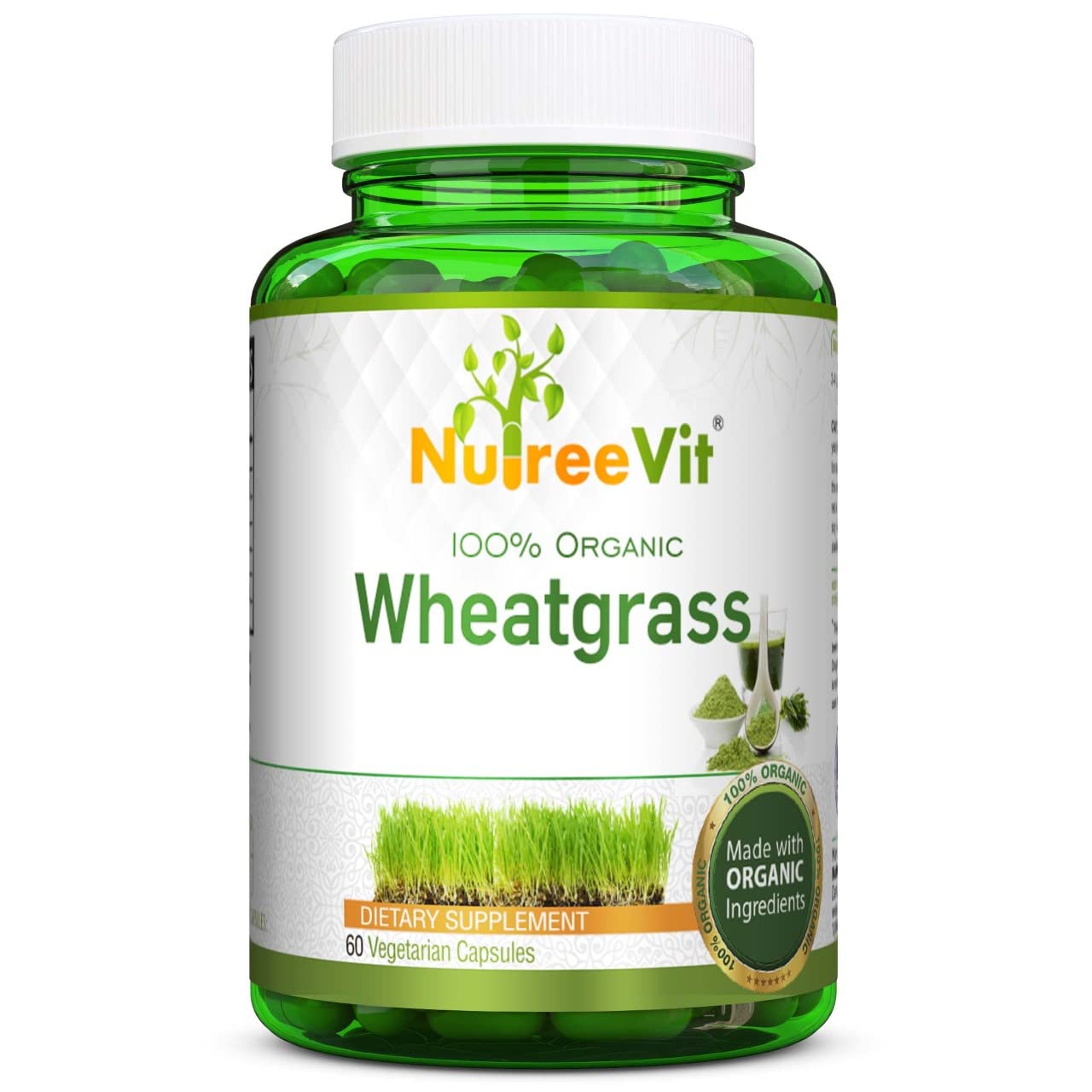 NutreeVit Pure Organic Wheatgrass Superfood Powder 500 mg, 60 Capsules